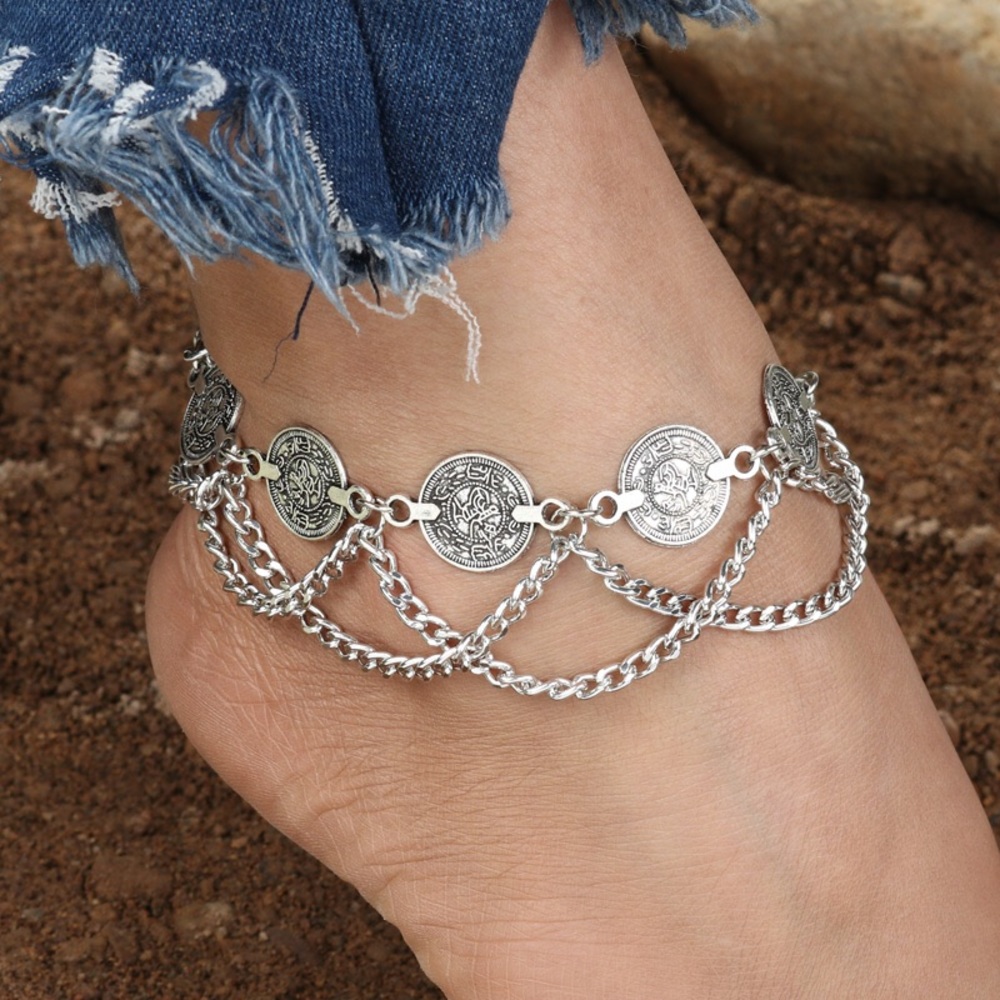Bohemian Silver Coin Tassel Anklet